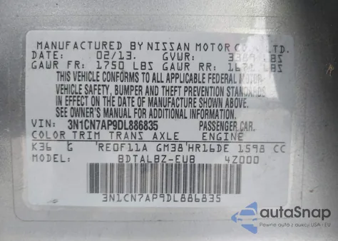 2013 Nissan Versa 1.6 Sv z USA, uszkodzony, nr VIN 3N1CN7AP9DL886835